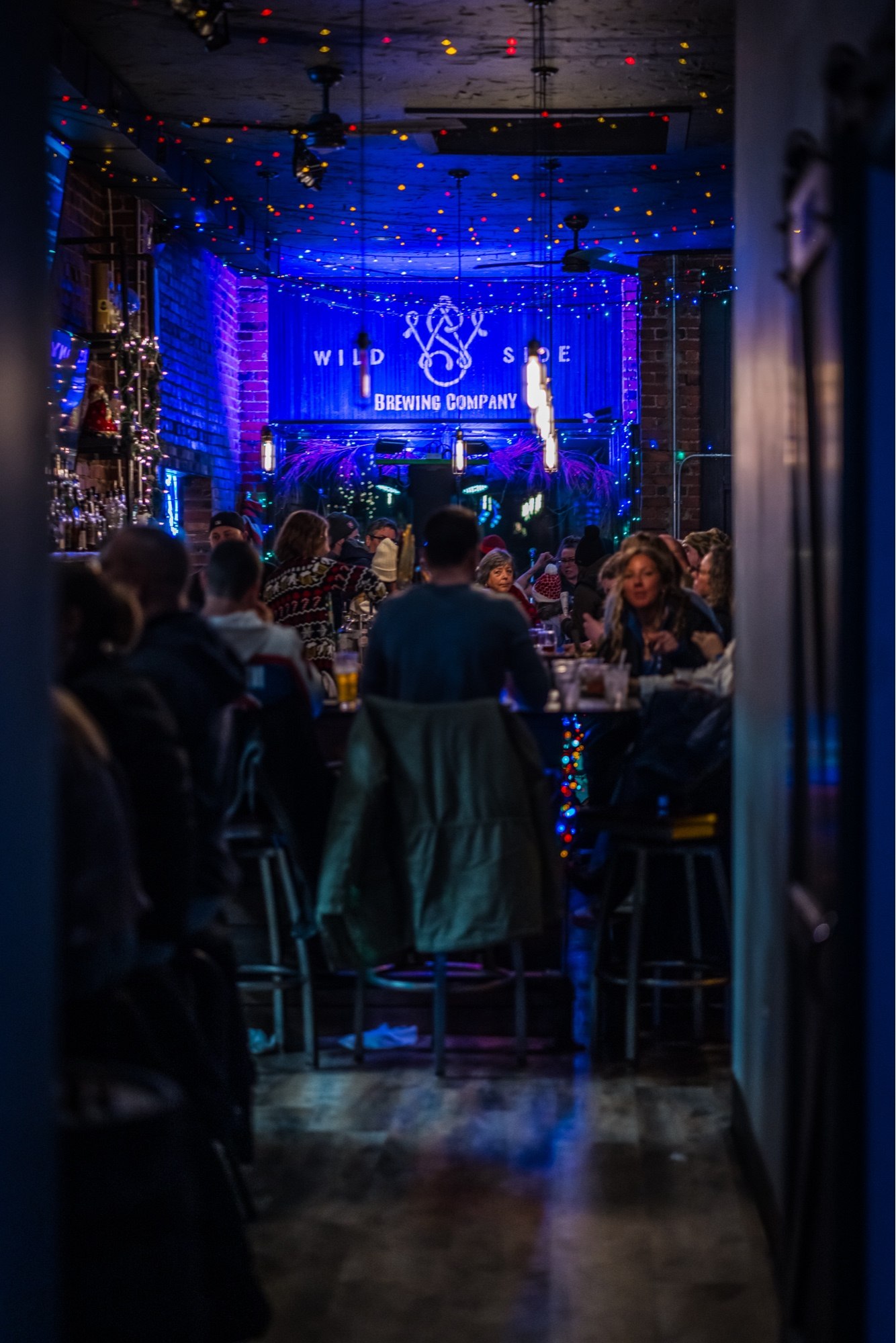 Wild Side Brewing lit up for the holidays, patrons at the bar under string lights